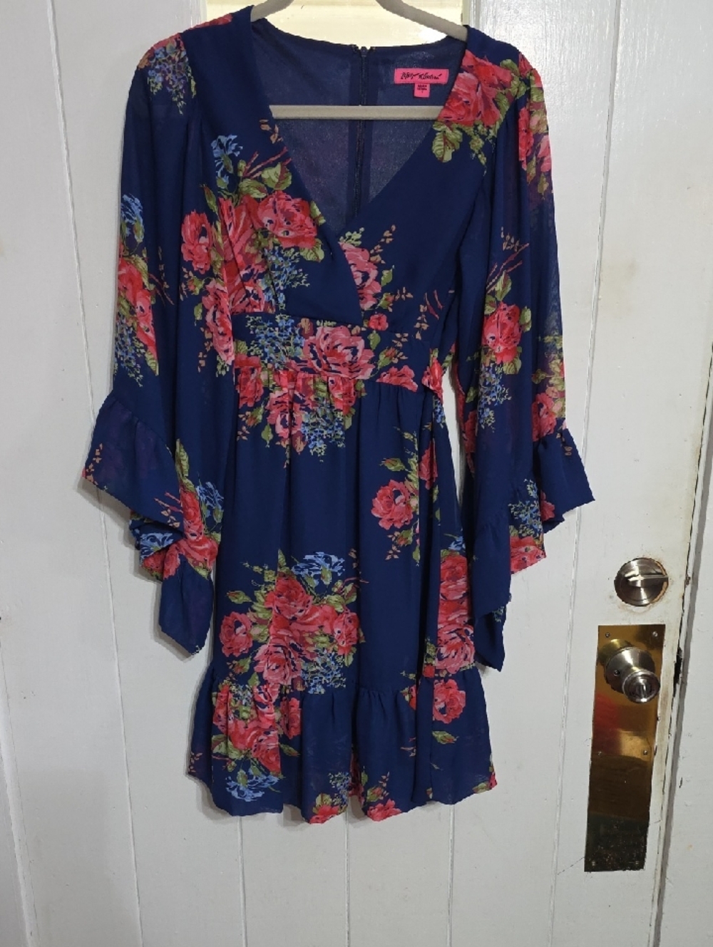 Betsey Johnson Women's Dress Navy/Pink Floral Flouncy Angled Sleeves Sz 6 EUC
